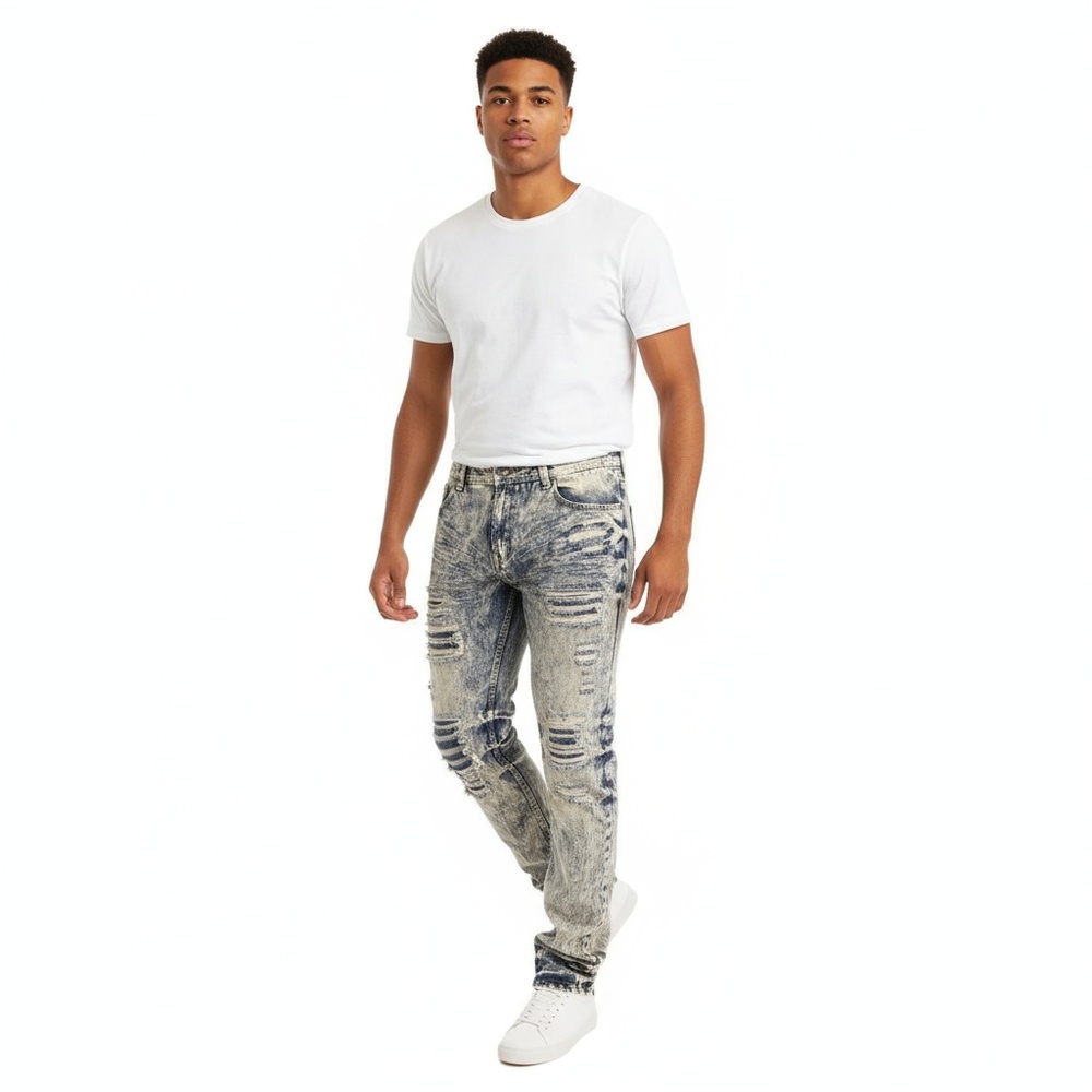 Contender Jeans Mens Blue Acid Wash Distressed Frayed Stacked‎ Streetwear Grunge